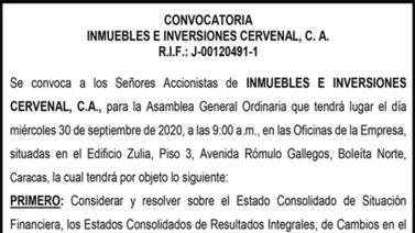 Convocatoria | INMUEBLES E INVERSIONES CERVENAL, C.A,