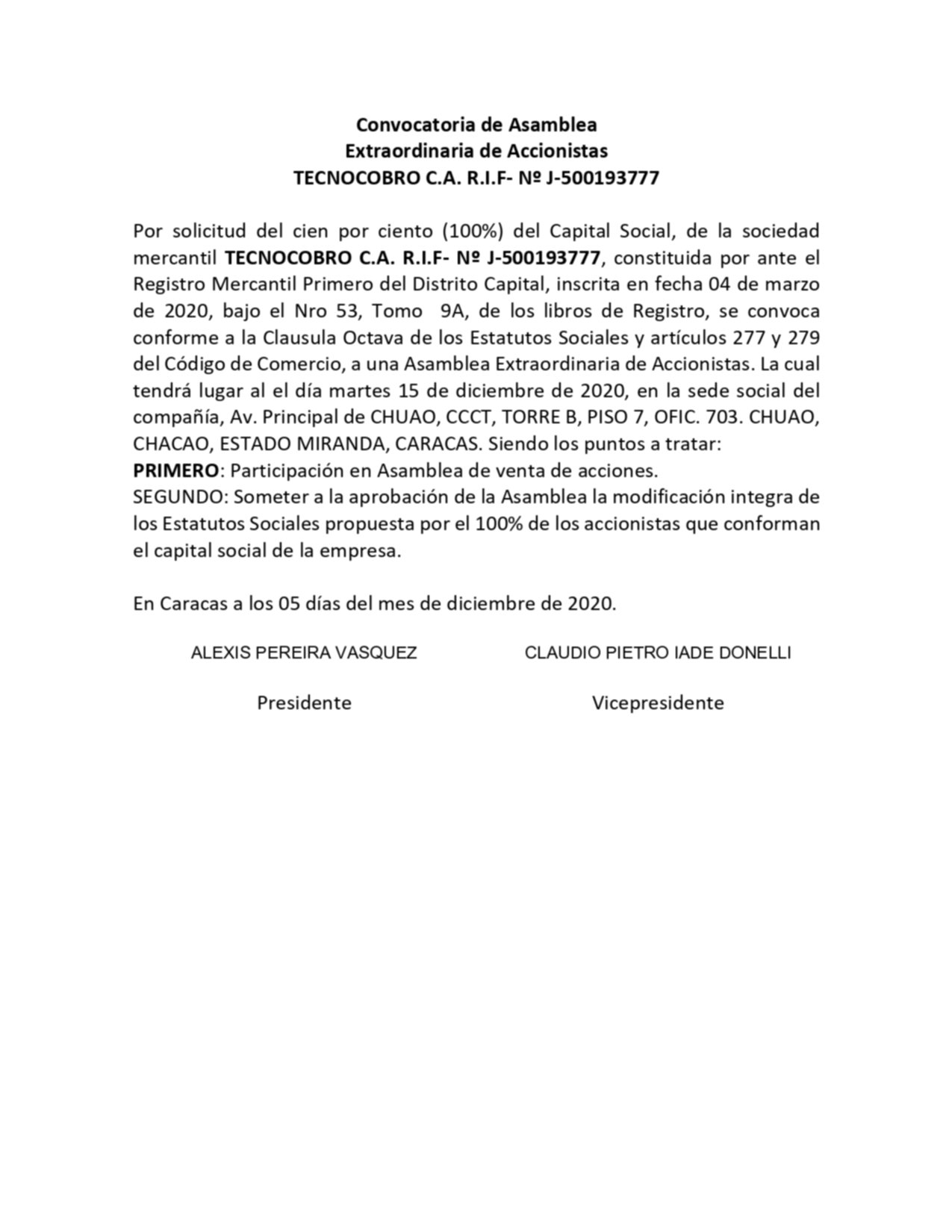 Convocatoria de Asamblea TECNOCOBRO