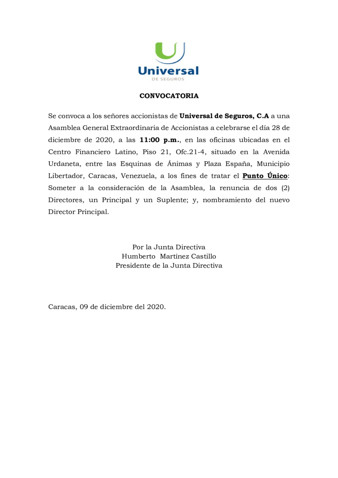 Convocatoria | Universal de Seguros