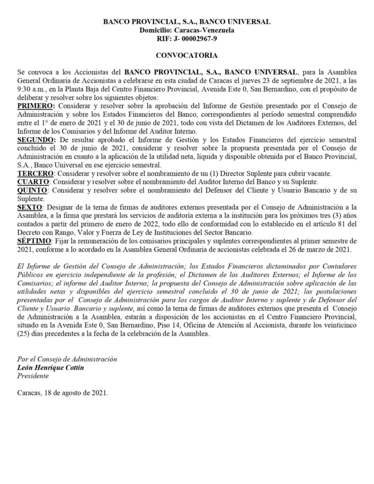 Convocatoria | BBVA Provincial AGO 2021