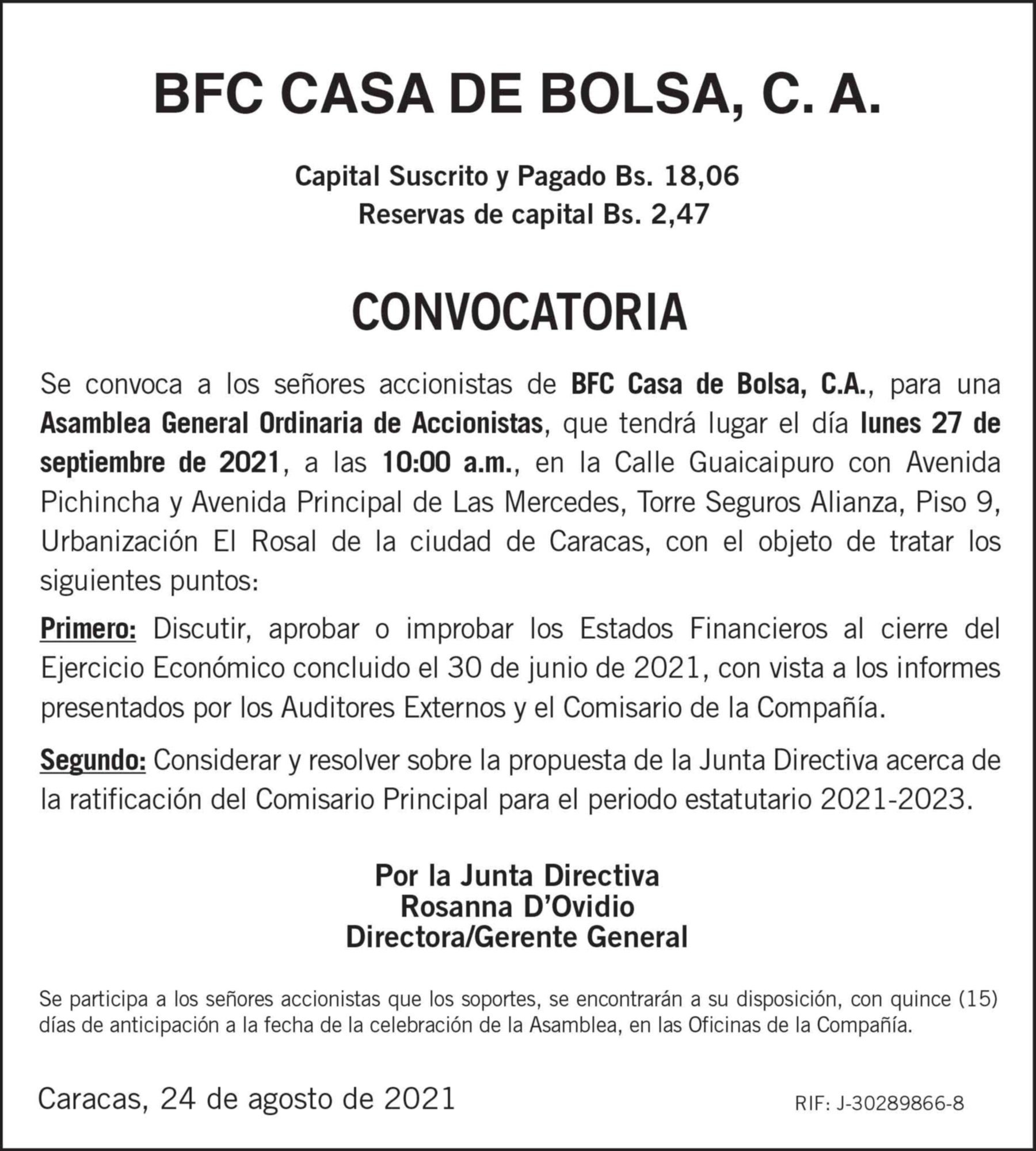 CONVOCATORIA | BFC Casa de bolsa AGO 2021