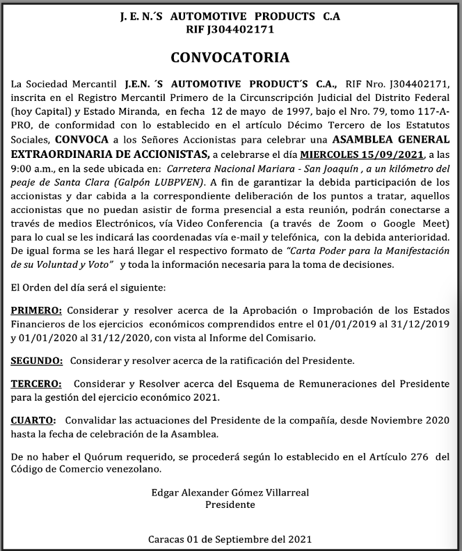 Convocatoria | J.E.N ‘S AUTOMOTIVE PRODUCT’S C.A