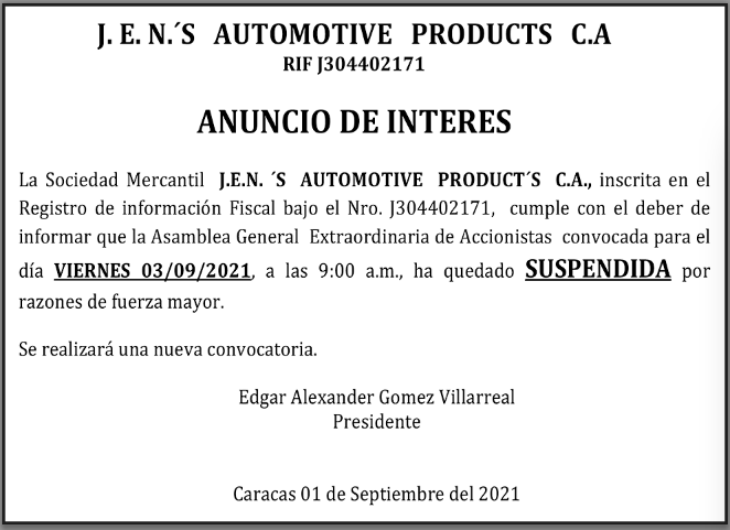 ANUNCIO DE INTERES | J.E.N ‘S AUTOMOTIVE PRODUCT’S C.A