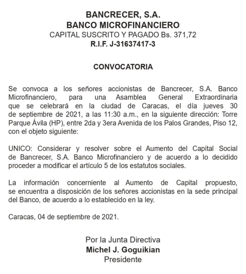 Convocatoria | Asamblea General Extraordinaria – Aumento Cap. Social Sep 2021