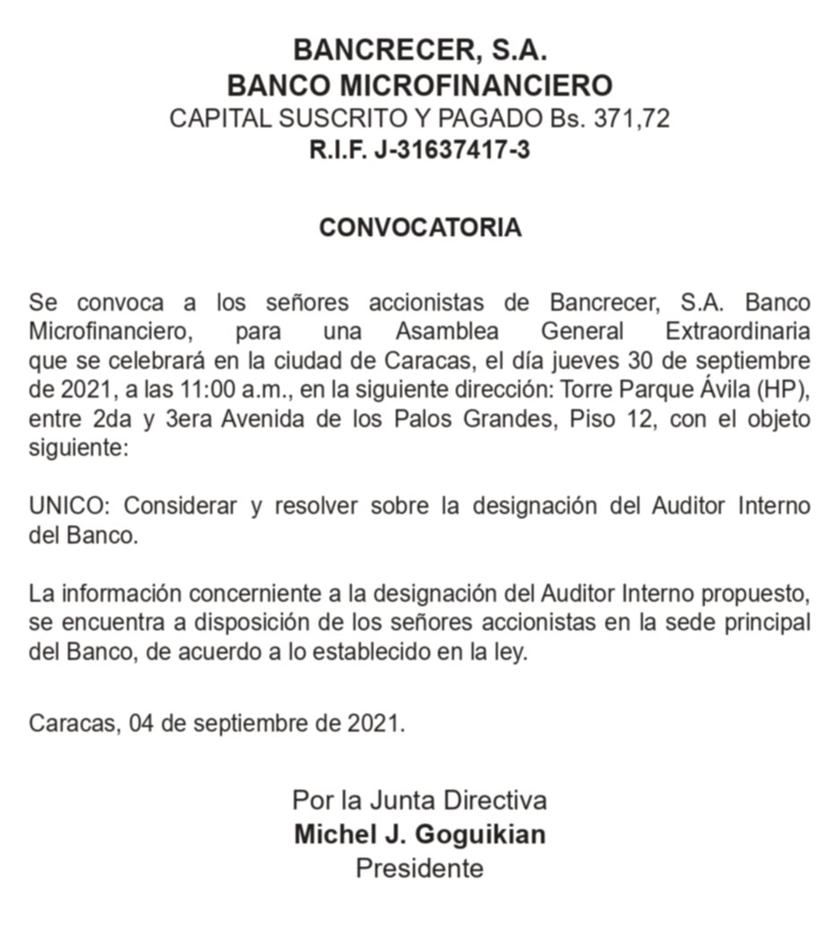 CONVOCATORIA | Asamblea General Extraordinaria – Desig Auditor Interno Sep 2021