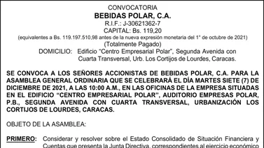 CONVOCATORIA | BEBIDAS POLAR 01 Dic 2021