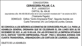 CONVOCATORIA | CERVECERIA POLAR 01 Dic 2021