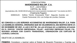 CONVOCATORIA | INVERSIONES RALOP 01 Dic 2021