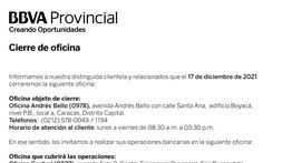 AVISO | CIERRE DE OFICINAS ANDRÉS BELLO BBVA 13 DIC 2021