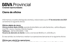 AVISO | CIERRE DE OFICINAS ANDRÉS BELLO BBVA 13 DIC 2021