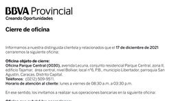 AVISO | CIERRE DE OFICINAS PARQUE CENTRAL BBVA 13 DIC 2021
