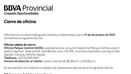 AVISO | CIERRE DE OFICINAS PARQUE CENTRAL BBVA 13 DIC 2021