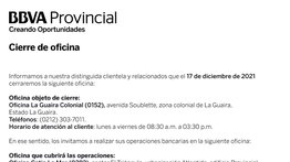 AVISO | CIERRE DE OFICINAS LA GUAIRA COLONIAL BBVA 14 DIC 2021