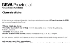 AVISO | CIERRE DE OFICINAS LA GUAIRA COLONIAL BBVA 14 DIC 2021