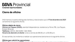 AVISO | CIERRE DE OFICINAS LOS TEQUES BBVA 14 DIC 2021