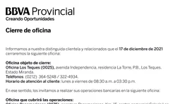 AVISO | CIERRE DE OFICINAS LOS TEQUES BBVA 14 DIC 2021