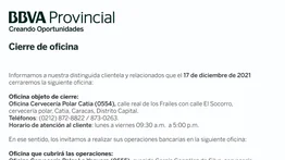 AVISO | CIERRE DE OFICINA CERVECERÍA POLAR CATIA BBVA 15 DIC 2021