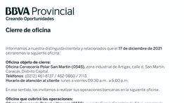 AVISO | CIERRE DE OFICINA CERVECERÍA POLAR SAN MARTIN BBVA 15 DIC 2021
