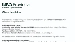 AVISO | CIERRE DE OFICINA CERVECERÍA POLAR SAN MARTIN BBVA 15 DIC 2021