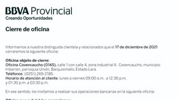 AVISO | CIERRE DE OFICINA COVENCAUCHO BBVA 16 DIC 2021