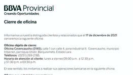 AVISO | CIERRE DE OFICINA COVENCAUCHO BBVA 16 DIC 2021