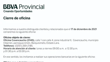 AVISO | CIERRE DE OFICINA COVENCAUCHO BBVA 16 DIC 2021