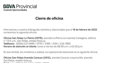 AVISO | CIERRE DE OFICINAS BBVA 16 FEB 2022