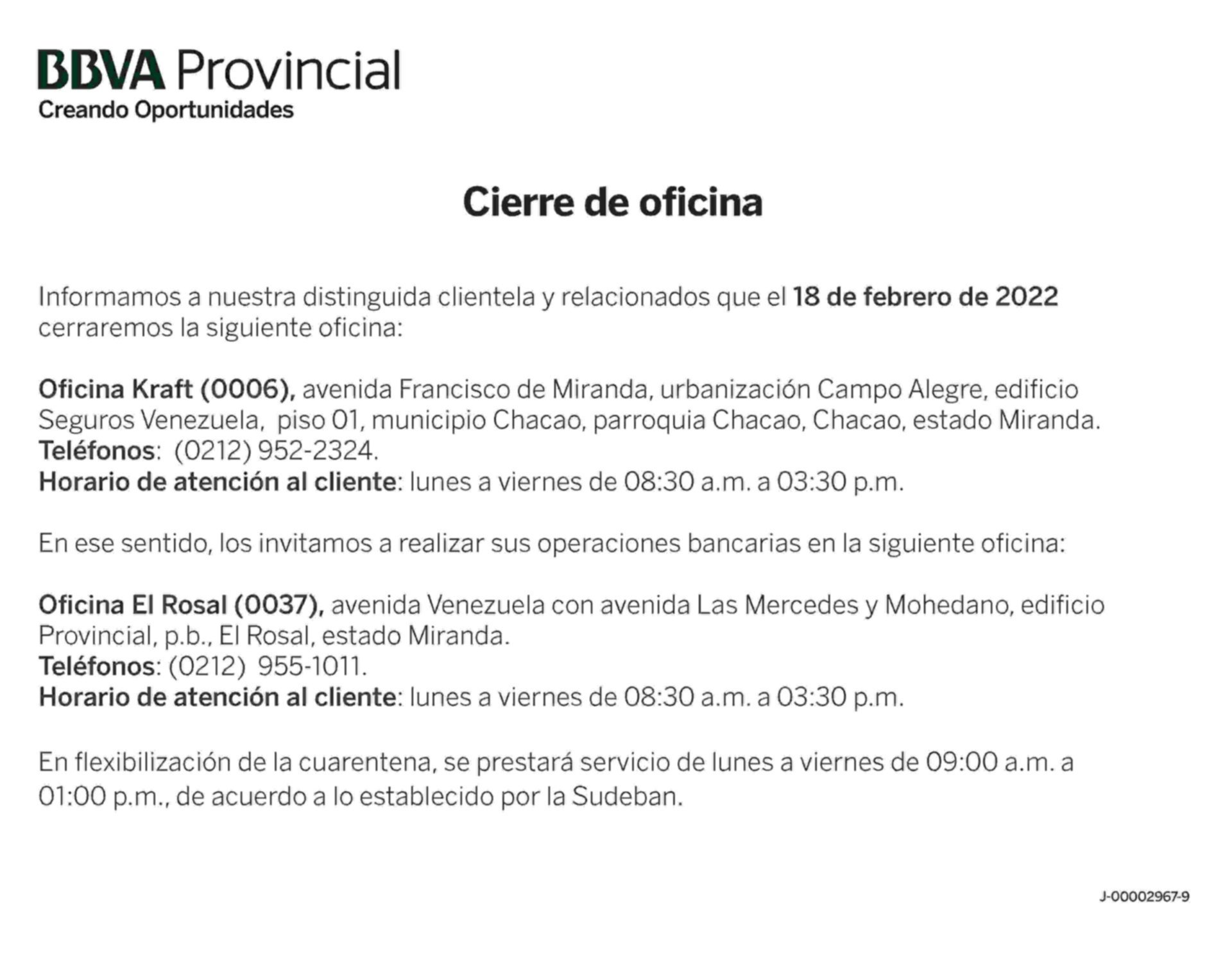 AVISO CIERRE DE OFICINA 1 | BBVA 17 FEB 2022