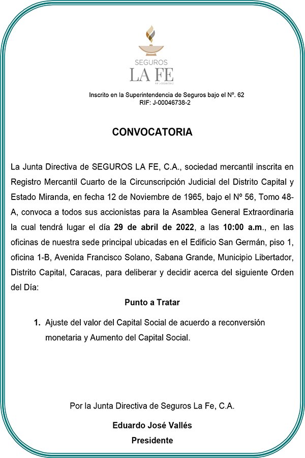 CONVOCATORIA | SEGUROS LA FE 12 ABR 2022