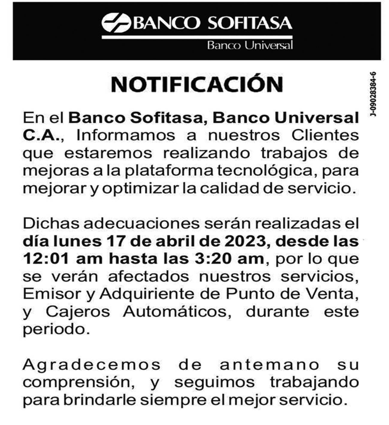 NOTIFICACIÓN | BANCO SOFITASA 16 ABR 2023