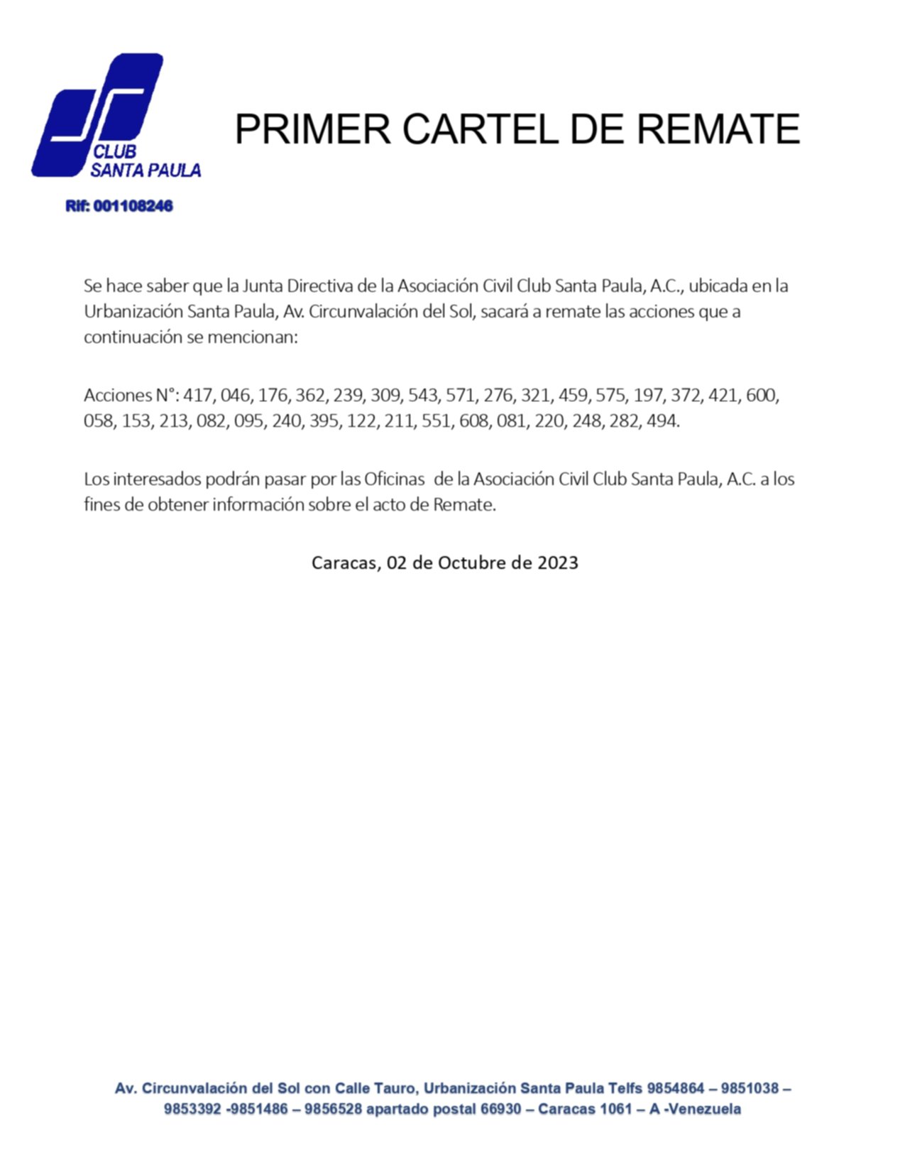 PRIMER CARTEL DE REMATE | CLUB SANTA PAULA 02 OCT 2023