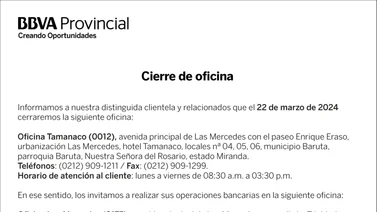 BBVA PROVINCIAL | CIERRE DE OFICINA TAMANACO