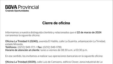 BBVA PROVINCIAL | CIERRE DE OFICINA LA TRINIDAD