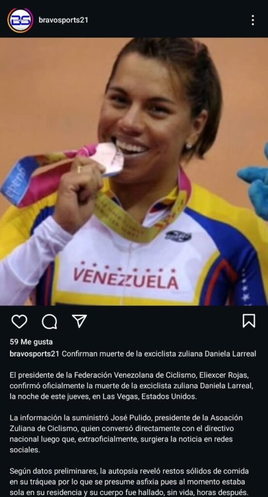 Revelan causa de muerte de la ciclista venezolana Daniela Larreal Revelan causa de muerte de la ciclista venezolana Daniela Larreal