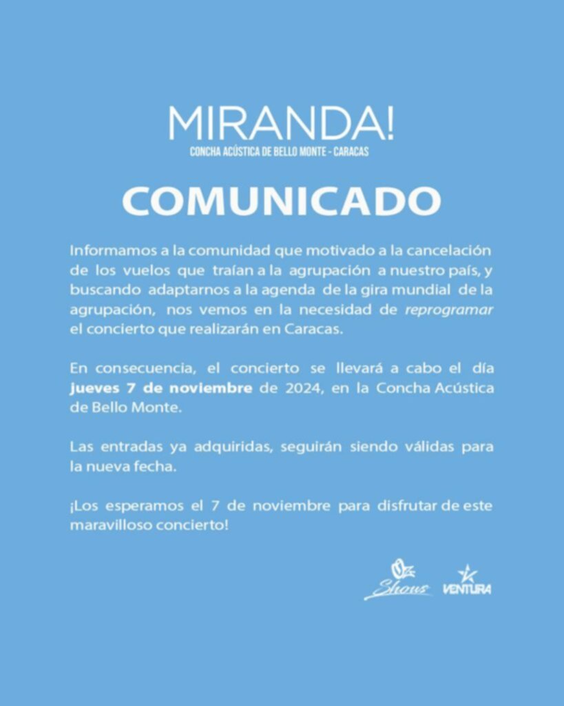 Concierto de Miranda en Caracas fue reprogramado (+Nueva Fecha) Concierto de Miranda en Caracas fue reprogramado (+Nueva Fecha)