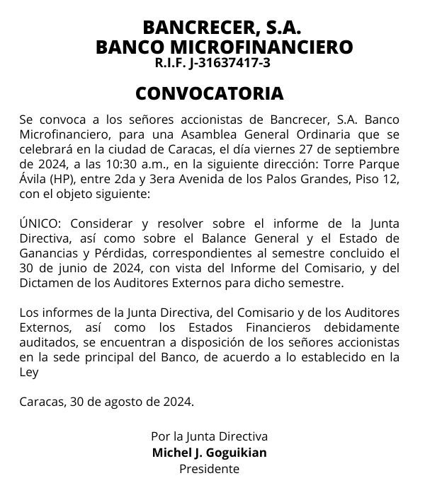 CONVOCATORIA | BANCRECER C.A 30 AGO 2024