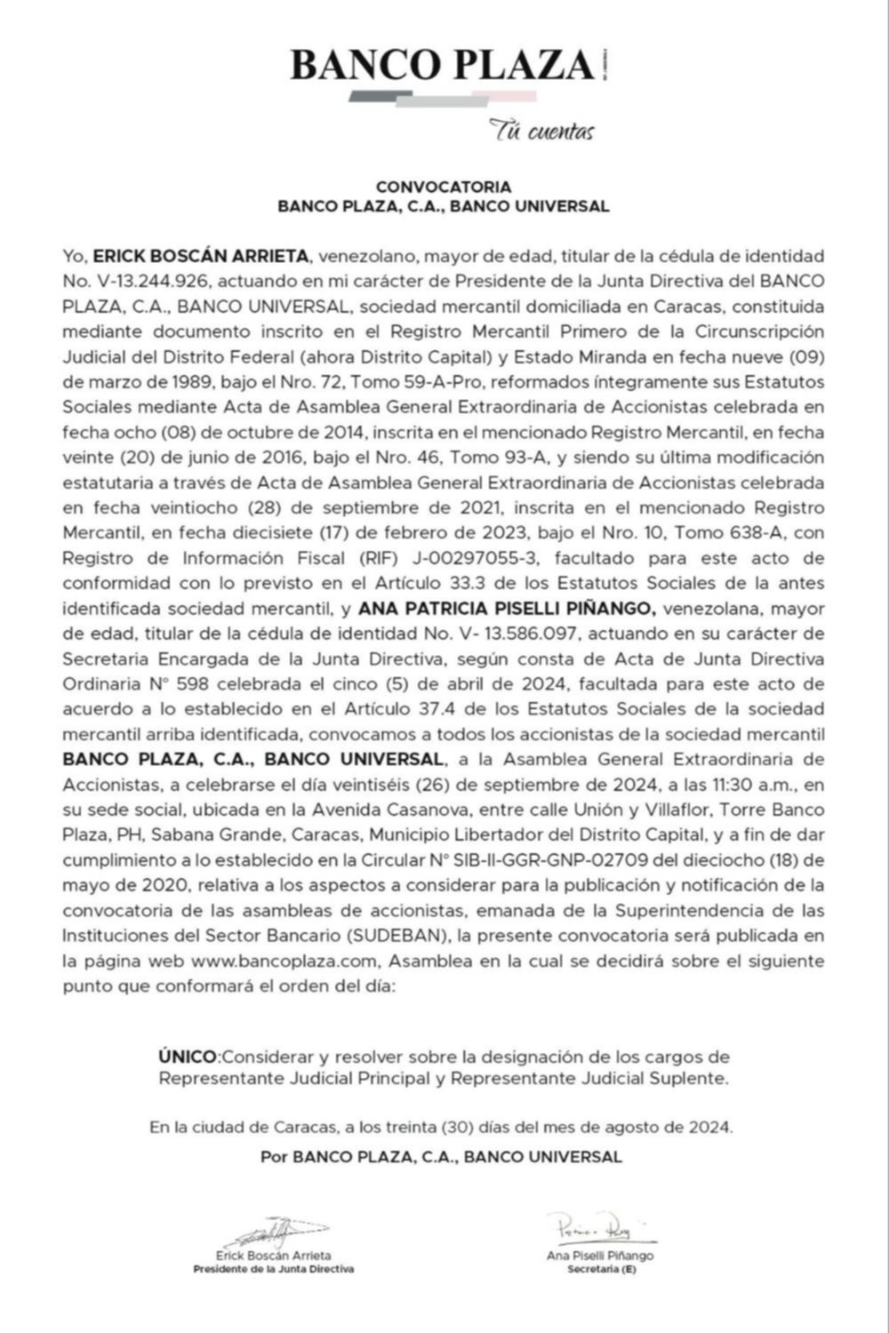 CONVOCATORIA 3 | BANCO PLAZA, C.A. 30 AGOS 2024