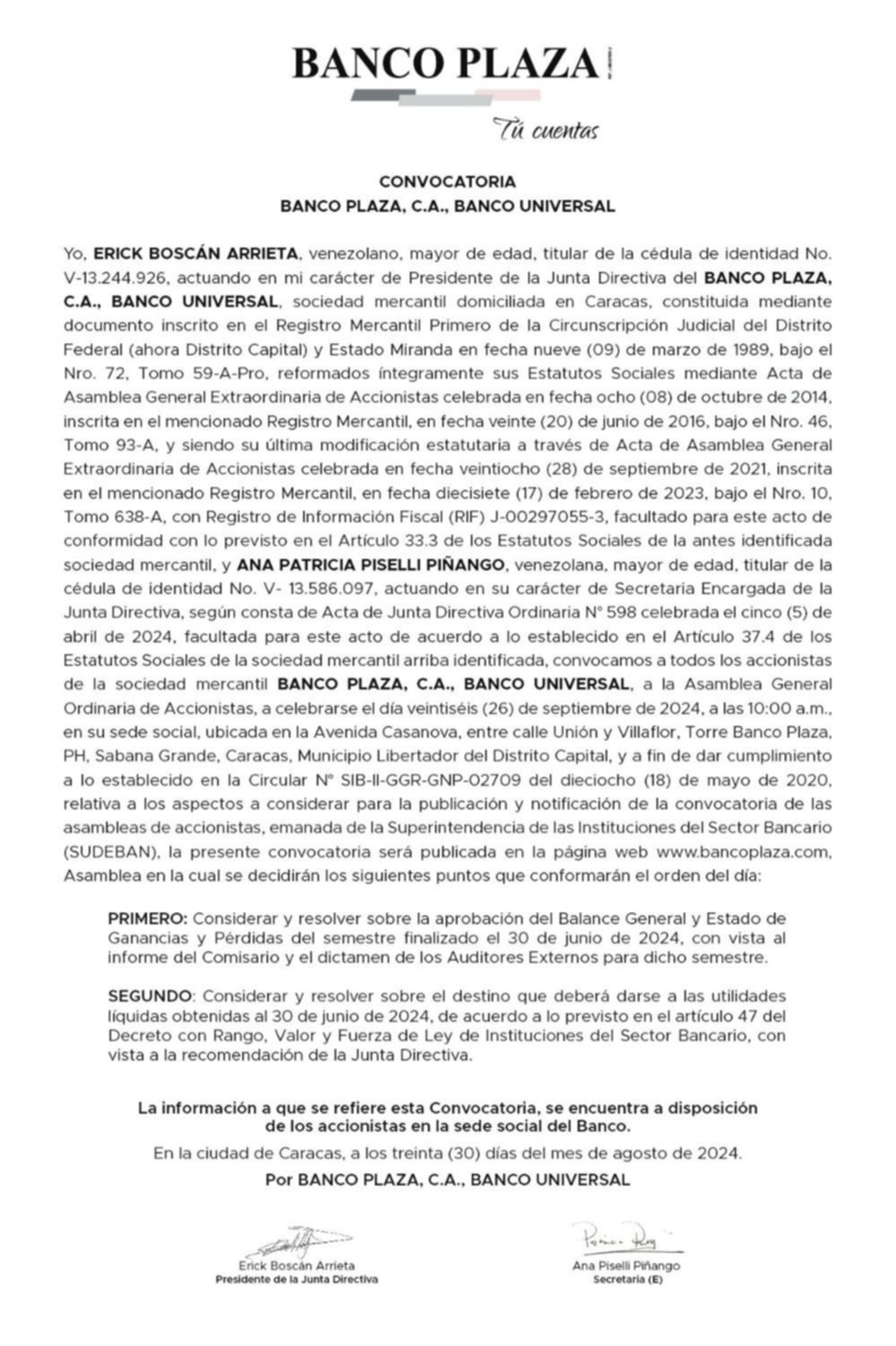 CONVOCATORIA 4 | BANCO PLAZA, C.A. 30 AGOS 2024