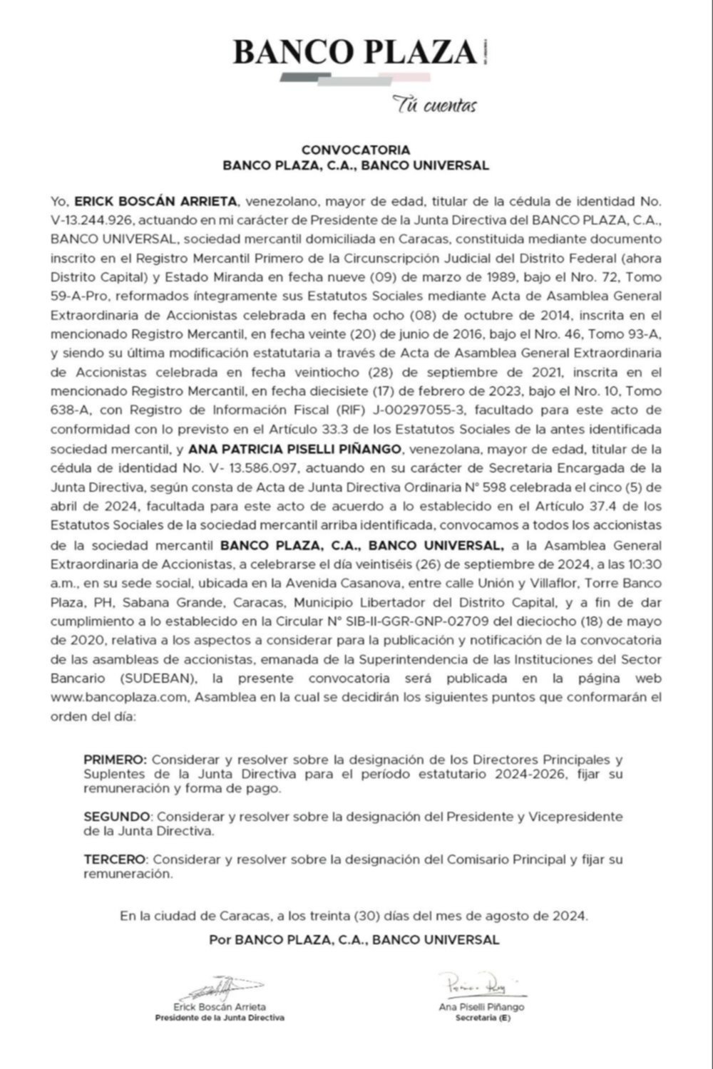 CONVOCATORIA 2 | BANCO PLAZA, C.A. 30 AGOS 2024