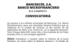 CONVOCATORIA BANCRECER, S.A. BANCO MICROFINANCIERO 29 AGO 2025