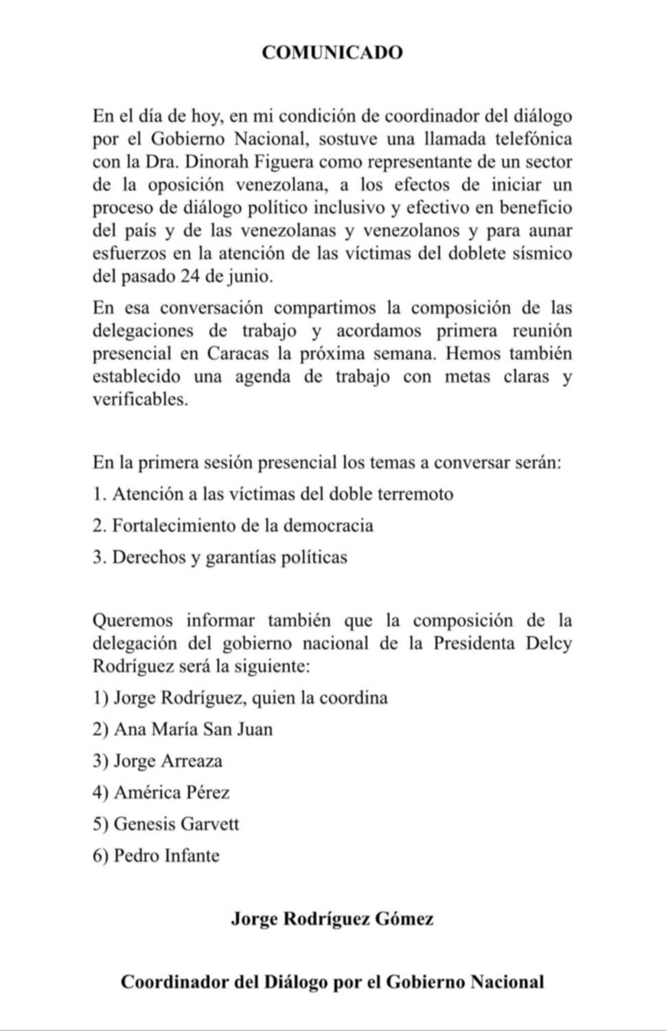 Jorge Rodríguez anuncia fecha para reunión presencial con Dinorah Figuera: estos serán los temas a tratar
