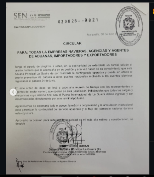 Aduana principal de La Guaira anuncia fin de la contingencia operativa: circular