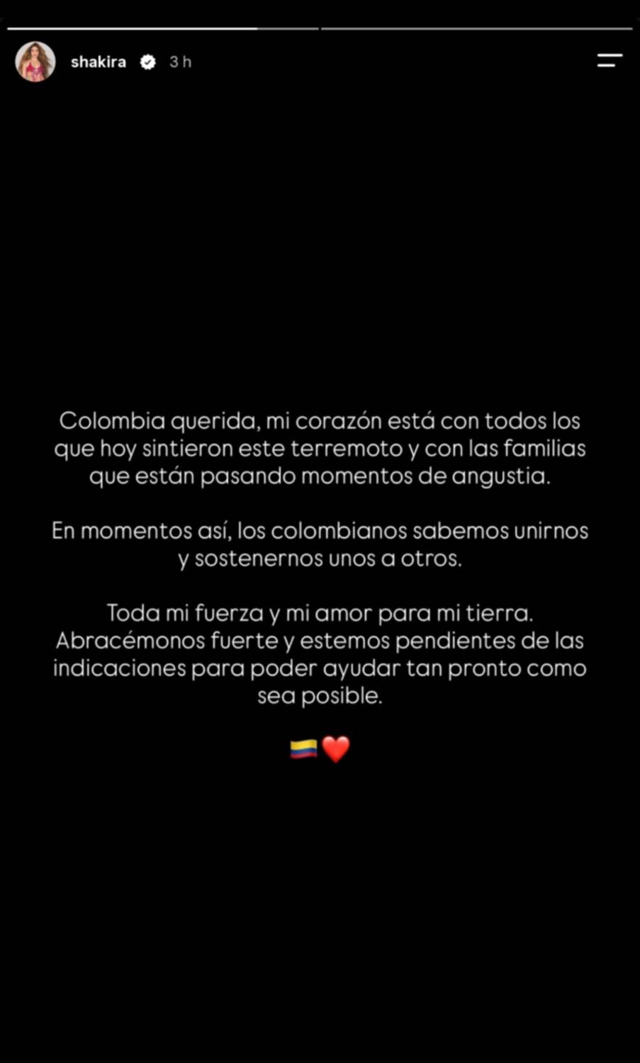 Shakira envía un mensaje de solidaridad a Colombia tras el fuerte terremoto Shakira envía un mensaje de solidaridad a Colombia tras el fuerte terremoto