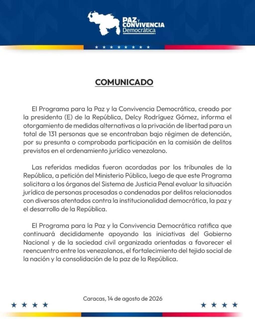 Programa para la Paz y la Convivencia Democrática anuncia liberación para más de 130 personas: más detalles