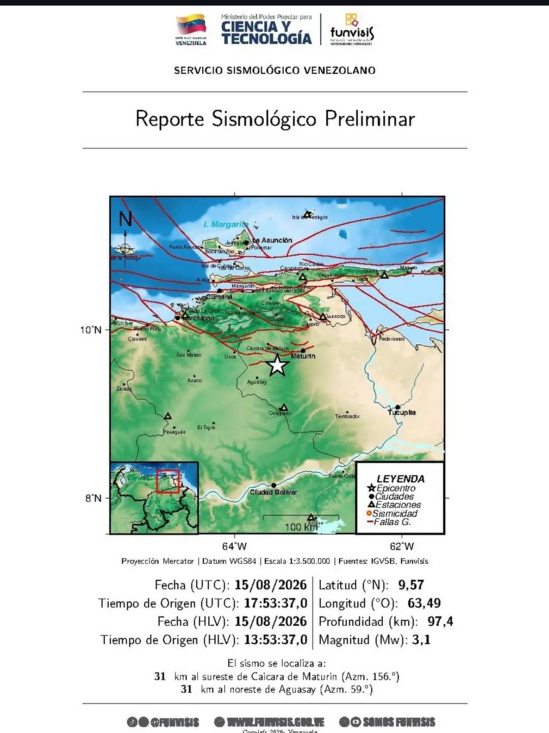 Sismos sacuden Venezuela la tarde este 15 de agosto: reporte de Funvisis 