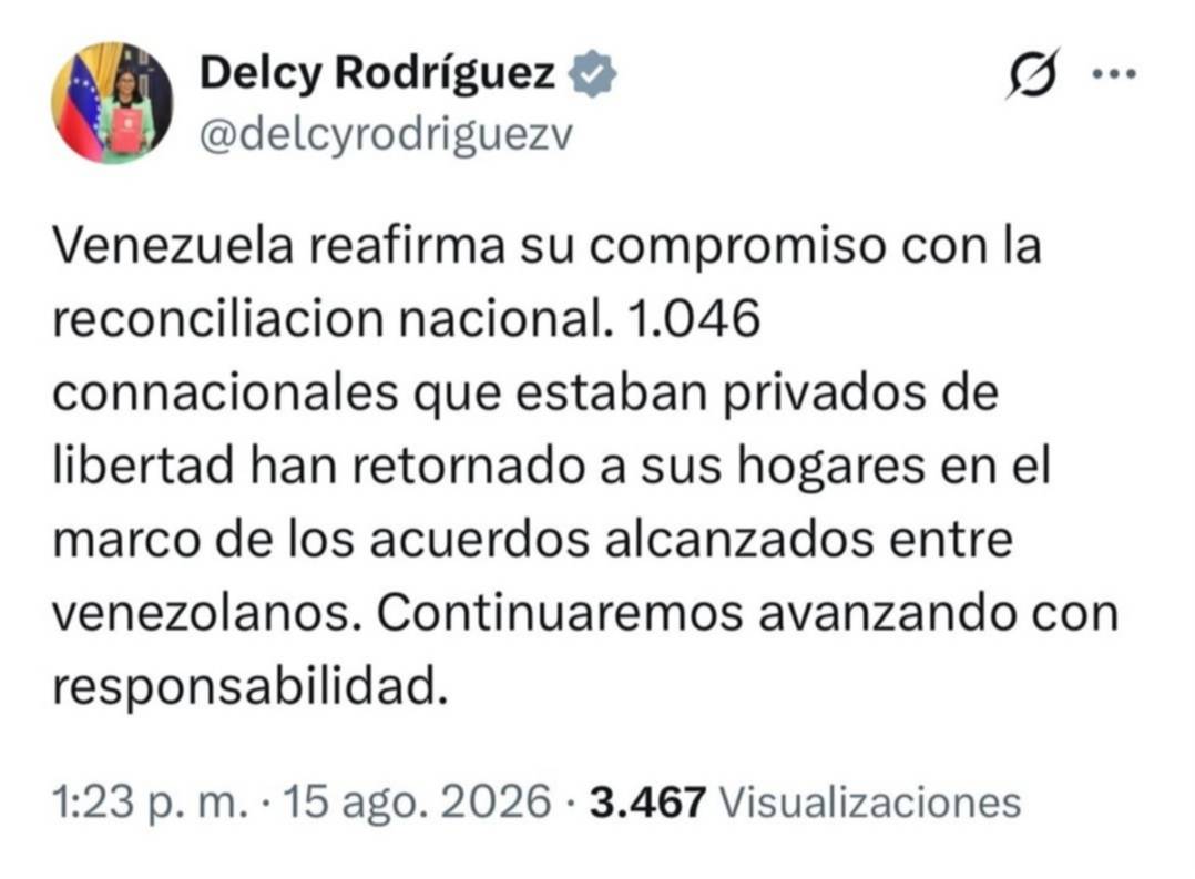 Aumenta el número de excarcelados en Venezuela: Delcy Rodríguez anuncia nuevo balance 