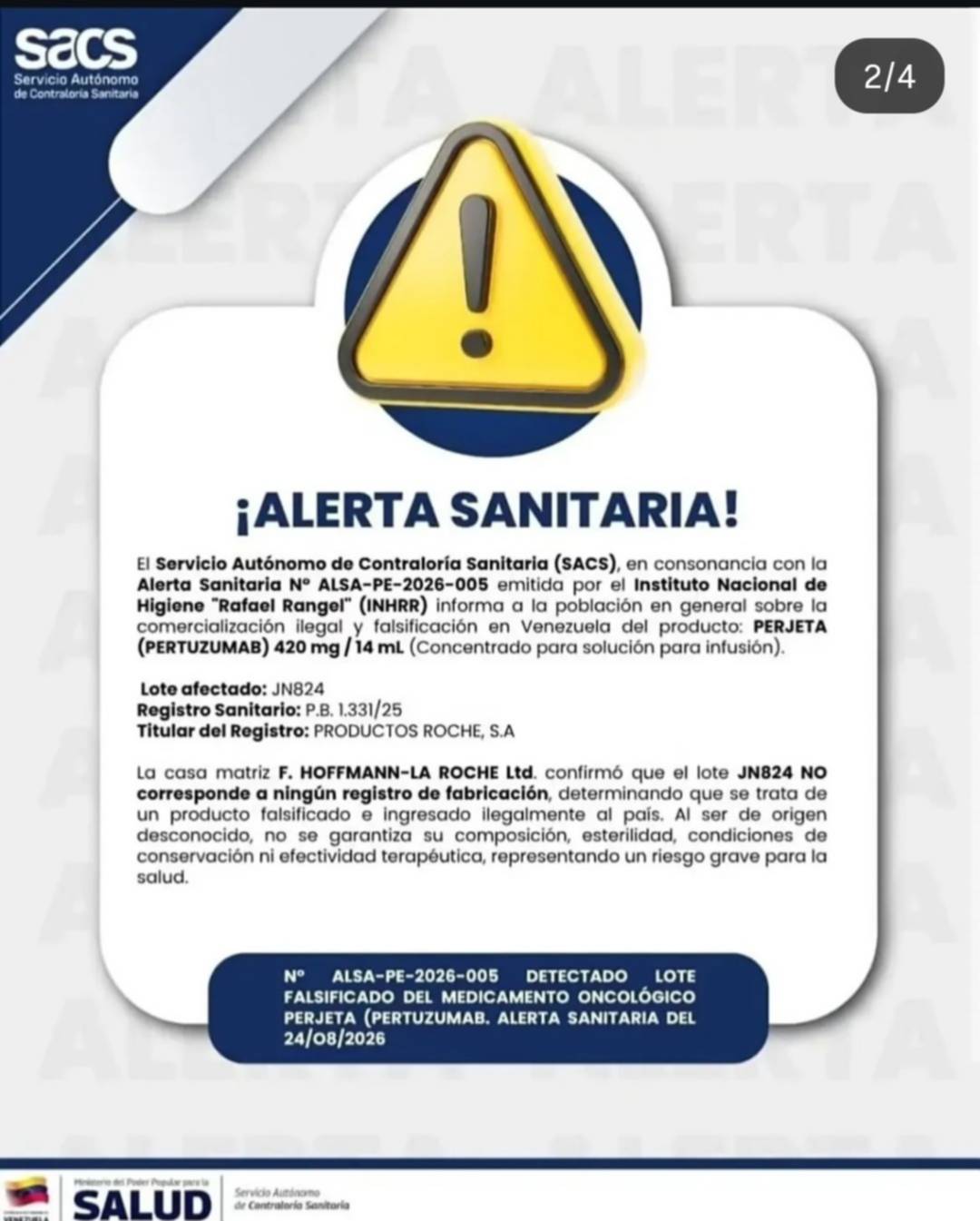 Contraloría Sanitaria alerta sobre otro medicamento falsificado para pacientes con cáncer en Venezuela: revelan el lote Contraloría Sanitaria alerta sobre otro medicamento falsificado para pacientes con cáncer en Venezuela: revelan el lote