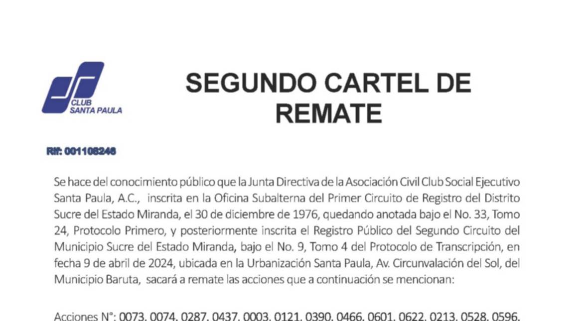 SEGUNDO CARTEL DE REMATE CLUB SANTA PAULA 27 AGO 2026