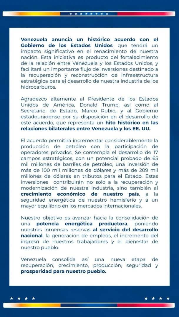 Delcy Rodríguez confirma "histórico acuerdo" petrolero con EEUU: Tendrá un impacto significativo en el renacimiento de nuestra nación