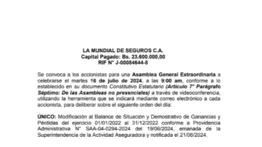 CONVOCATORIA | LA MUNDIAL DE SEGUROS C.A 10 JUL 2024